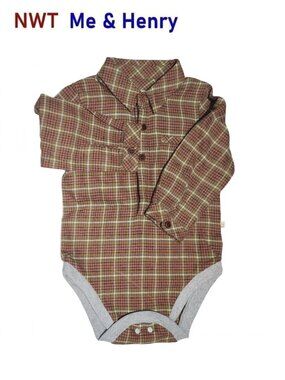 Me & Henry Flannel Plaid Woven L/S bodysuit with a button-up collar size 12-18M